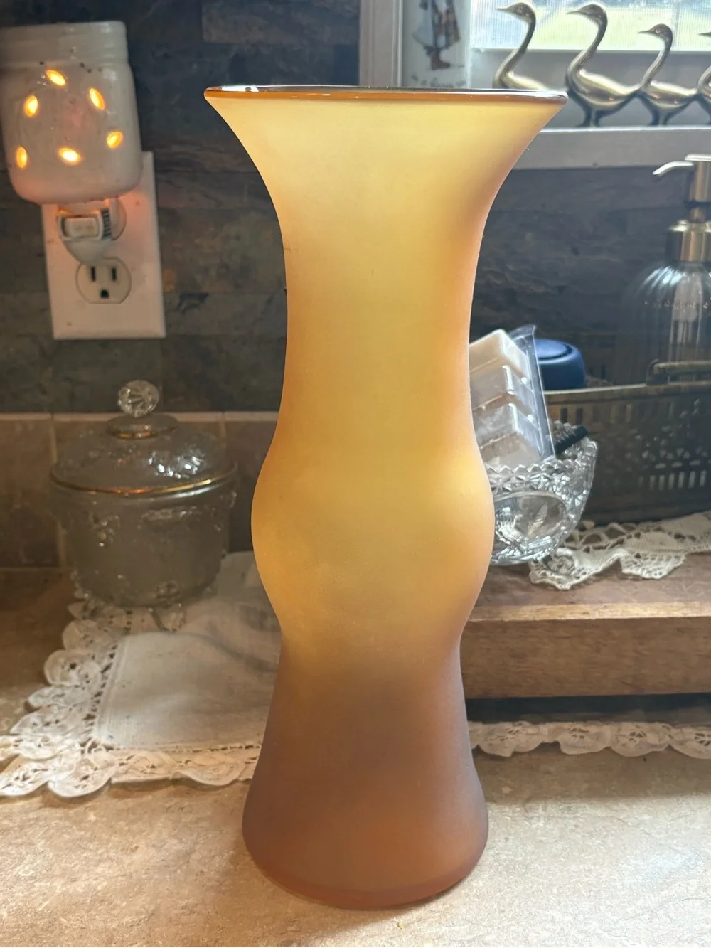 Vintage Blenko 12” Amber Frosted Satin Art Glass Vase Hand Blown MCM Label USA